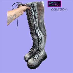 Rave Demonia So-Emily-375 Silver Thigh High Platform Boots